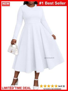 Plus Size Long Sleeve Fit and Flare Midi Dress Pockets Zipper